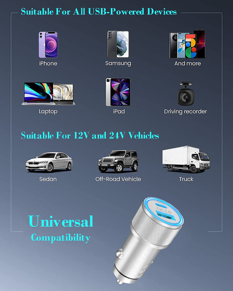 [Australia - AusPower] - [Apple MFi Certified] iPhone Fast Car Charger, Veetone 38W Dual Port USB C Power Delivery All Metal Car Adapter with 2 Pack Lightning Cable, PD/QC 3.0 Type C Rapid Car Charging for iPhone/iPad/Airpods Silver 