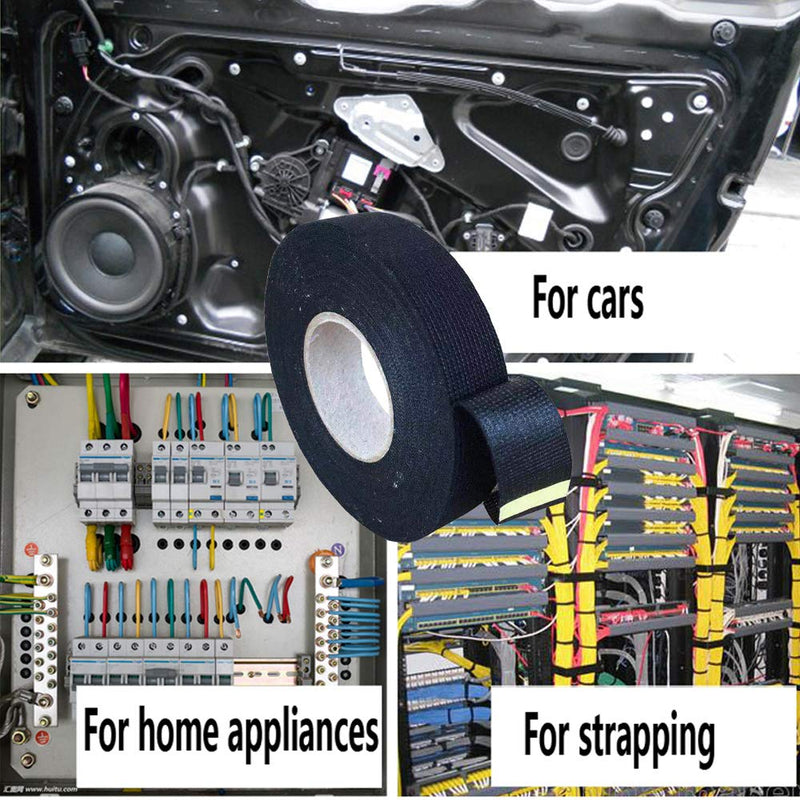 [Australia - AusPower] - 4 Rolls Wire Loom Harness Tape, Wiring Harness Cloth Tape, Black Adhesive Fabric Tape for Automobile Electrical Wire harnessing Noise Damping Heat Proof 19 mm X 15m 