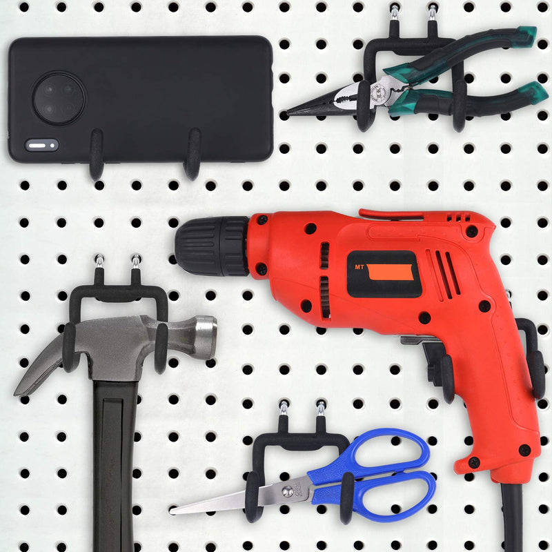 [Australia - AusPower] - 4 Pieces Pegboard Drill Holder, Pegboard Hooks Pegboard Organization Accessory Flat Double Utility Hook for Organize Tools, Accessories, Workbench, Garage Storage, Kitchen, Craft or Hobby Supplies 