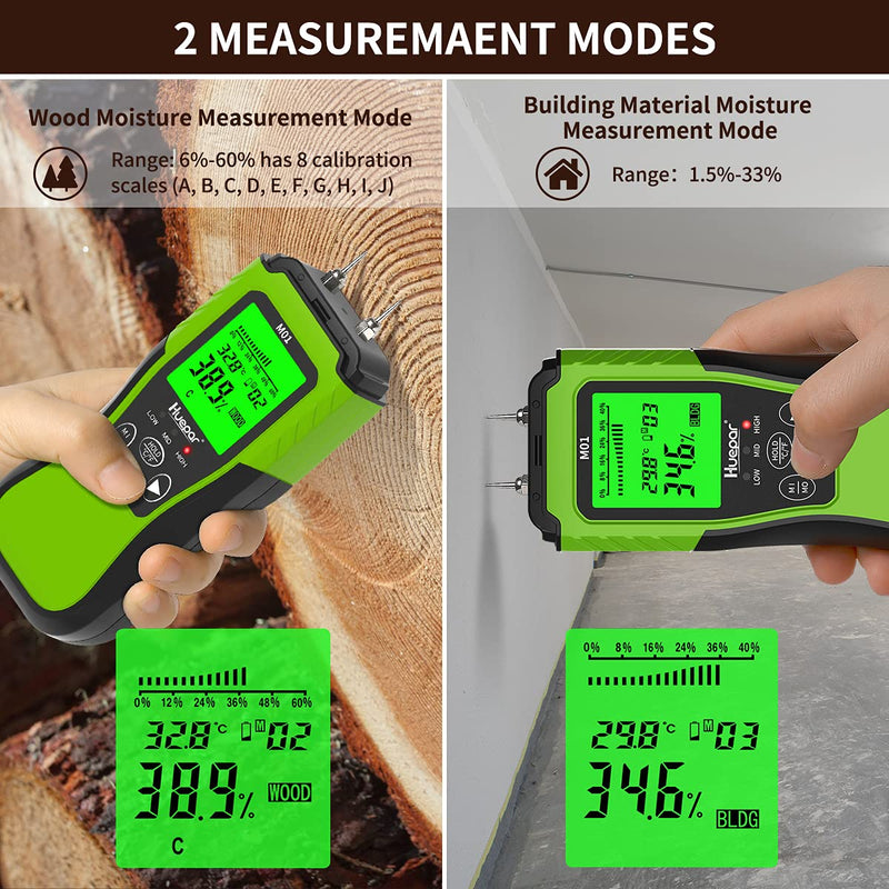 [Australia - AusPower] - Huepar Digital Wood Moisture Meter, Pin-Type Water Leak Detector with 2 Measuring Modes -8 Types of Wood Dampness Tester with Backlit LCD Display for Wood & Building Materials Humidity Inspection M01 