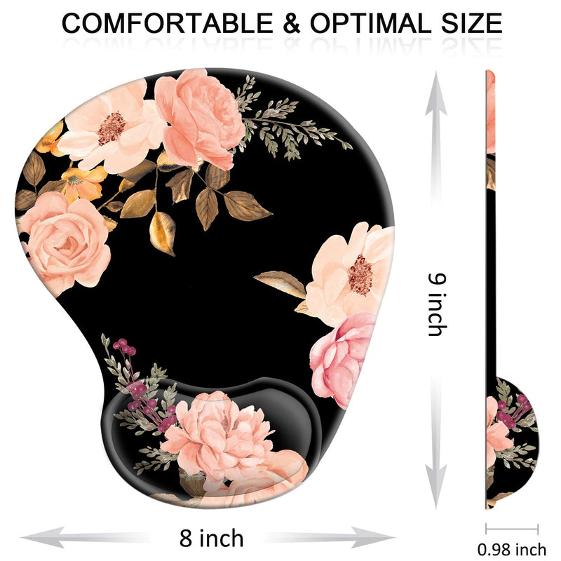 [Australia - AusPower] - Ergonomic Mouse Pad with Gel Wrist Rest Support, HOMKUMY Cute Mouse Pads with Non-Slip Rubber Base Wrist Rest Pad for Home, Office & Travel Easy Typing & Pain Relief, Peony Black 