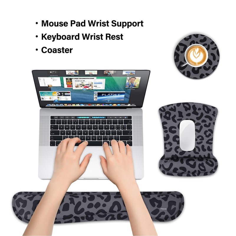 [Australia - AusPower] - MOSISO Wrist Rest Support for Mouse Pad&Keyboard Set, Leopard Grain Ergonomic Mousepad&Coaster Non-Slip Base Home/Office Pain Relief&Easy Typing Cushion with Neoprene Cloth&Raised Memory Foam, Black 