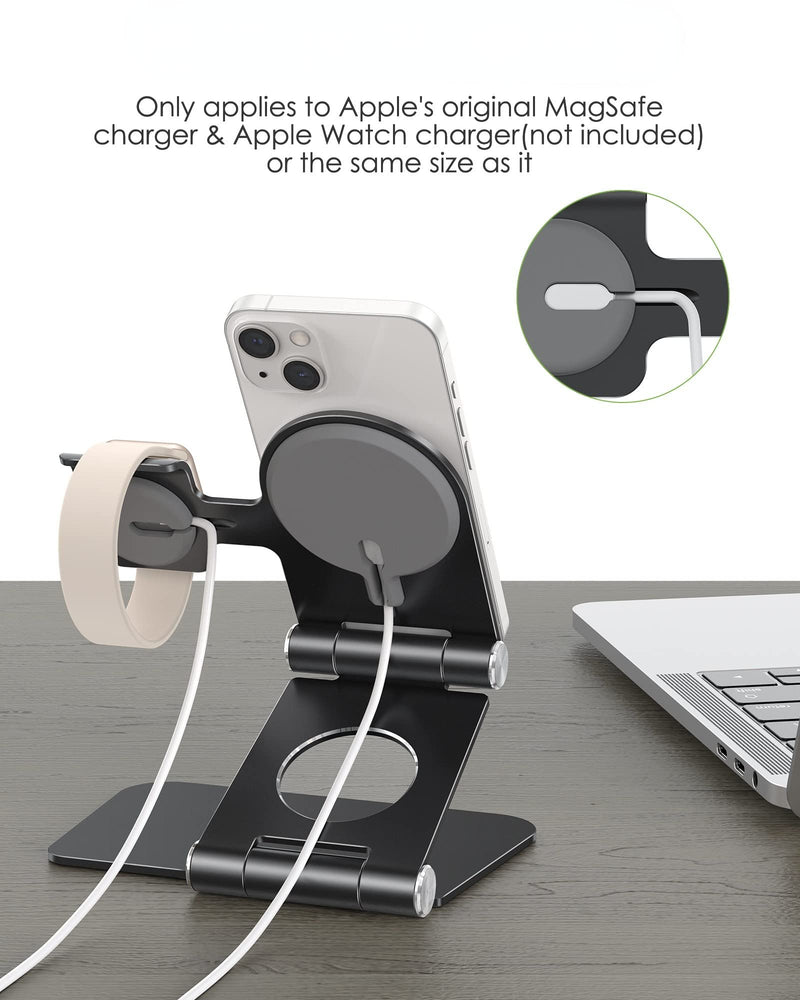 [Australia - AusPower] - apiker Charger Stand for MagSafe, 2-in-1 Foldable Adjustable Aluminum Desktop Phone Charging Station for iPhone 13/12 Mini Pro Max, Apple Watch 7/6/5/4/3/2/1, MagSafe Charger Not Included (Black) Black 