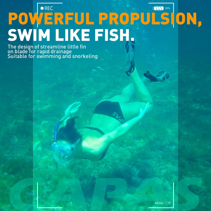 [Australia - AusPower] - CAPAS Swim Fins, Snorkel Fins with Travel Size Short Fins for Snorkeling Diving Adjustable Open Heel Flippers for Men Women Youth Black Kids JR 9-13 S/MD 
