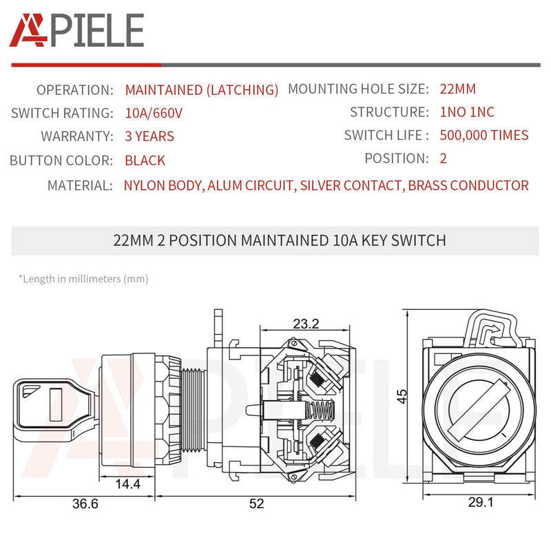 [Australia - AusPower] - APIELE 22mm Key Switch 440V 10A 1NO1NC Maintained (2 Position, Latching) 2 Position Latching Type 