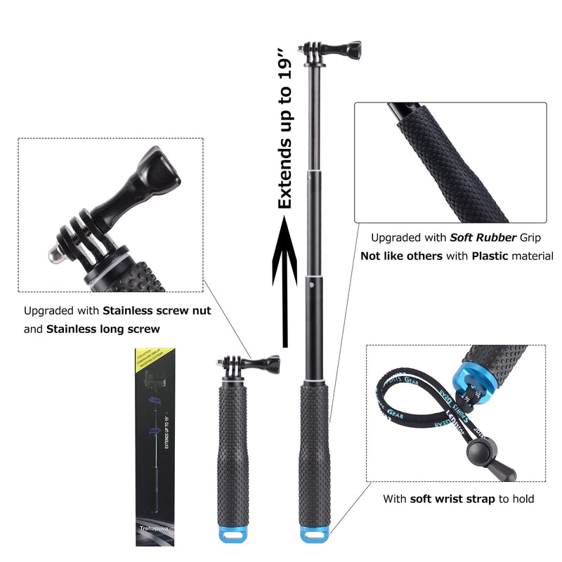 [Australia - AusPower] - Trehapuva Selfie Stick, 19” Waterproof Extension Hand Grip Adjustable Monopod Pole Compatible with GoPro Hero(2018) Hero 10 9 8 7 6 5 4 3+ 3 Session, AKASO, Xiaomi Yi,SJCAM SJ4000 SJ5000 SJ6000 More 