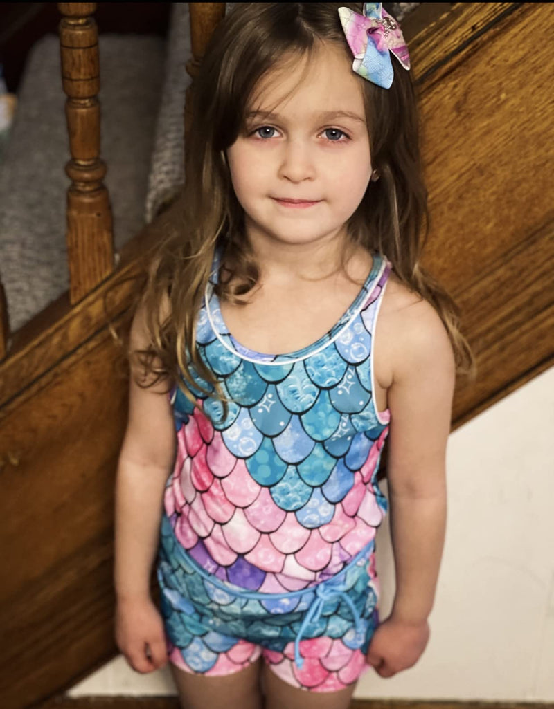 [Australia - AusPower] - Belovecol Girls Swimsuits Two Piece Tankini Bathing Suits Boyshort Summer Beach Rash Guard Swimwear for 4-15T 6-7 Years B-mermaid Scales 