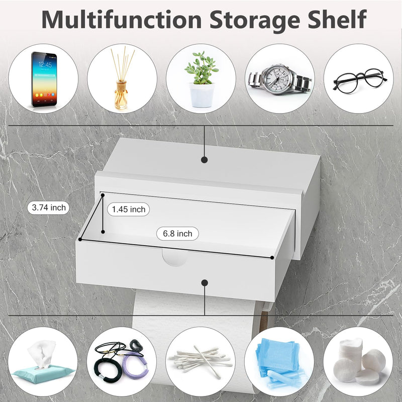[Australia - AusPower] - Domax White Toilet Paper Holder with Shelf - Wall Mount/Adhesive Bathroom Toilet Paper Holder with Storage Drawer for Organizer Tampon or Small Items Bamboo Wood Tissue Toilet Paper Roll Holder, Small 