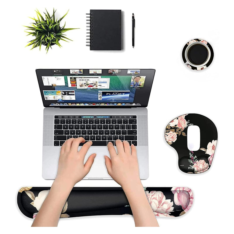 [Australia - AusPower] - MOSISO Wrist Rest Support for Mouse Pad&Keyboard Set, Curved Peony Ergonomic Mousepad&Coaster Non-Slip Base Home/Office Pain Relief&Easy Typing Cushion with Neoprene Cloth&Raised Memory Foam, Black 