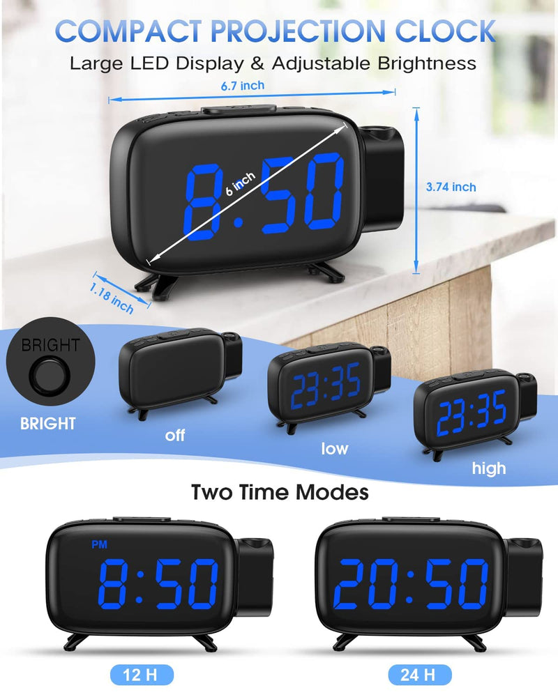 [Australia - AusPower] - Digital Alarm Clock, AKKIGL Alarm Clocks for Bedrooms with FM Radio and USB Charger, Projection Alarm Clock with Dual Alarms, 7 Sounds, Snooze, Dimmable Large LED Display Clock for Kids Teens Adults 