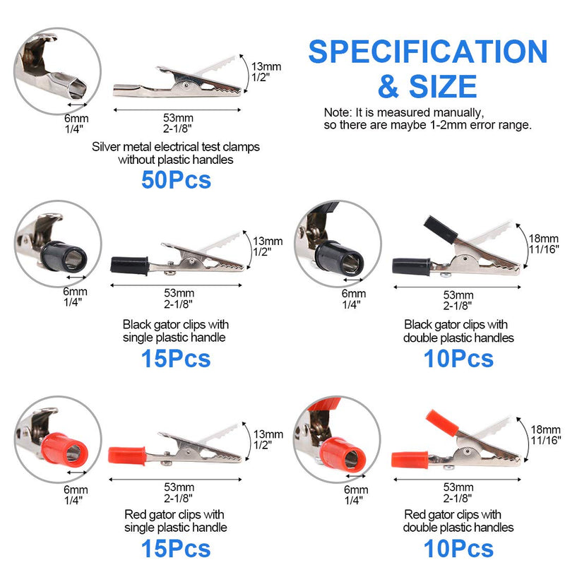 [Australia - AusPower] - Glarks 100Pcs 3 Style 2.1''/53MM Metal Alligator Clips Crocodile Electrical Test Clamps Assortment Kit for Laboratory Testing, 50pcs with Red Black Plastic Hands and 50pcs no Cap 