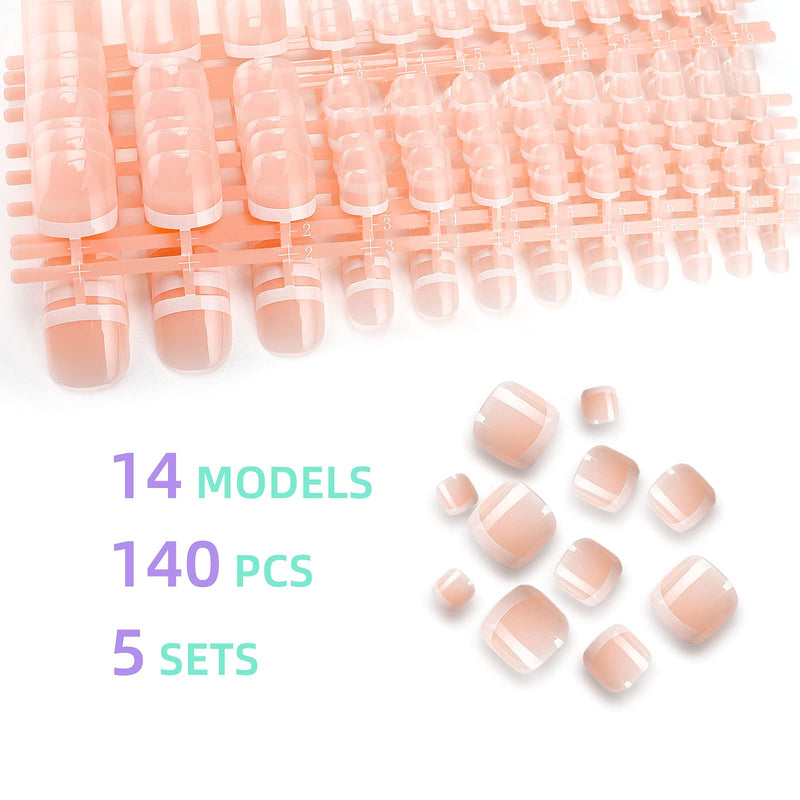[Australia - AusPower] - 140 Pieces French False Toe Nails Short Square Press on Nails Natural Solid Color Full Cover Fake Nails Artificial Acrylic Nails for DIY Nail Art Salon Women Girls S-N-10 