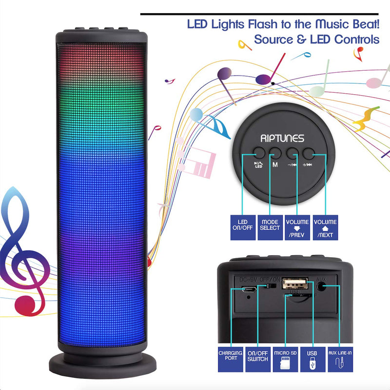 [Australia - AusPower] - Riptunes Portable Bluetooth Speaker, Wireless Speakers, Mini Tower Speaker with Colorful Lights, Aux-in, Micro SD, USB, Hands-Free Speakerphone and FM Radio - Black 