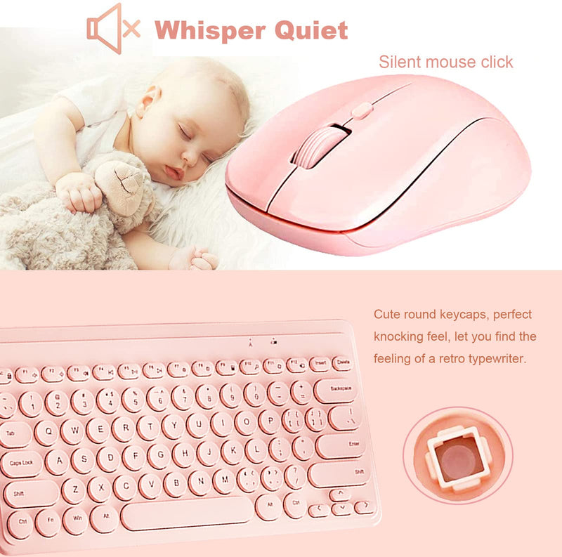[Australia - AusPower] - Compact Keyboard MouseCombo,JieruiDeng 79-Key Retro Mini Cute Computer Keyboard 2.4G USB Wireless and Silent Mice Set for Laptop Desktop PC iPad (Pink) Pink 