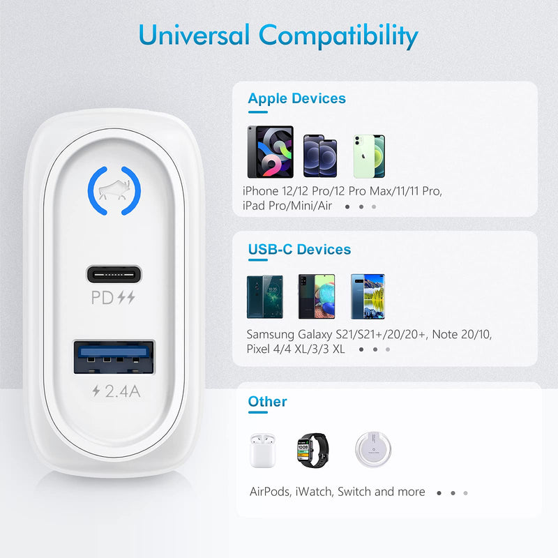 [Australia - AusPower] - USB C Charger, iPhone Charger 2-Port Foldable Wall Charger, USB C 30W PD Fast Charger Compatible with iPhone 13/13 Pro/13 Pro Max/iPhone 12/12 Pro Max/iPhone 12 Mini/iPhone 11/iPad Pro White-30w 