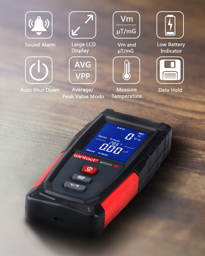[Australia - AusPower] - Wintact EMF Meter, Smart Digital Electromagnetic Fields Radiation Detector Meter, Rechargeable, Handheld Portable with Temperature, LCD Back-Light, Sound-Light Alarm for Home Paranormal Ghost Hunting 
