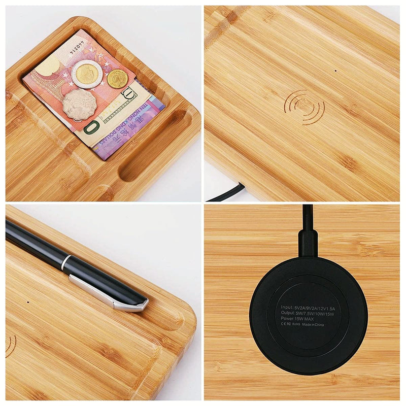 [Australia - AusPower] - 15W Wood Wireless Charging Station Pad Bamboo Phone Charger Docking Tray with Desk Organizer, Wooden Dock Station for iPhone Android Samsung Qi Phones Stand for Nightstand Home Office KingTSYU 