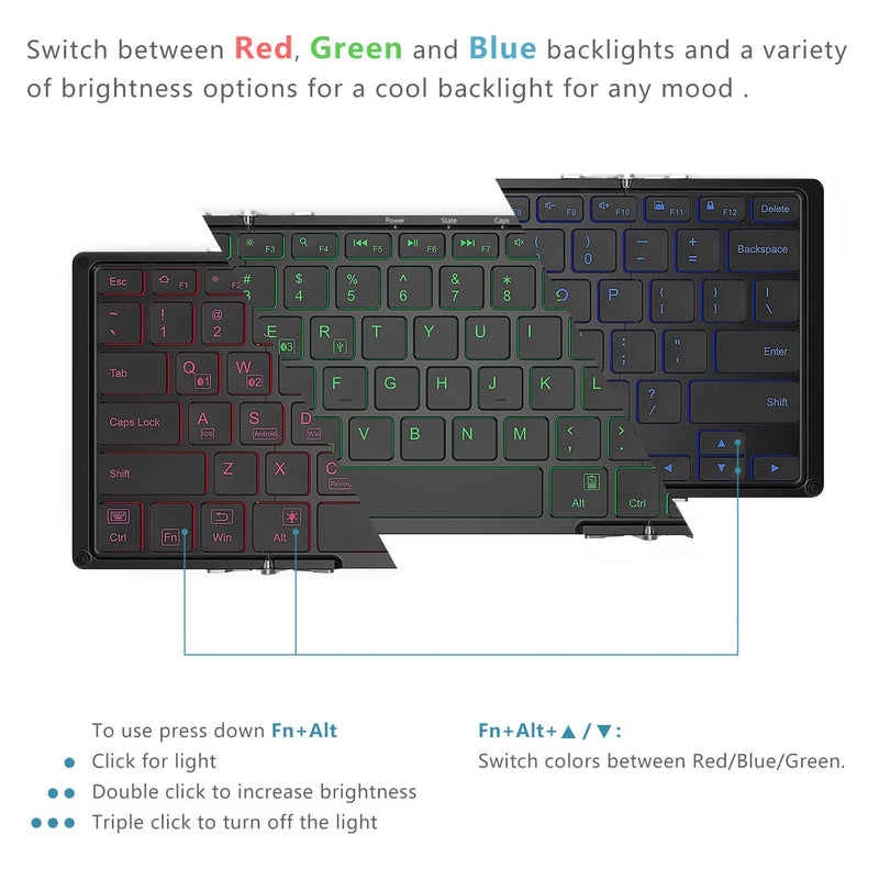 [Australia - AusPower] - iClever BK05 Bluetooth Keyboard with 3-Color Backlight, Bluetooth 5.1 Multi-Device Foldable Keyboard with Aluminum Alloy Base for iOS Windows Android Tablets, Smartphones, Laptops, PC and More 