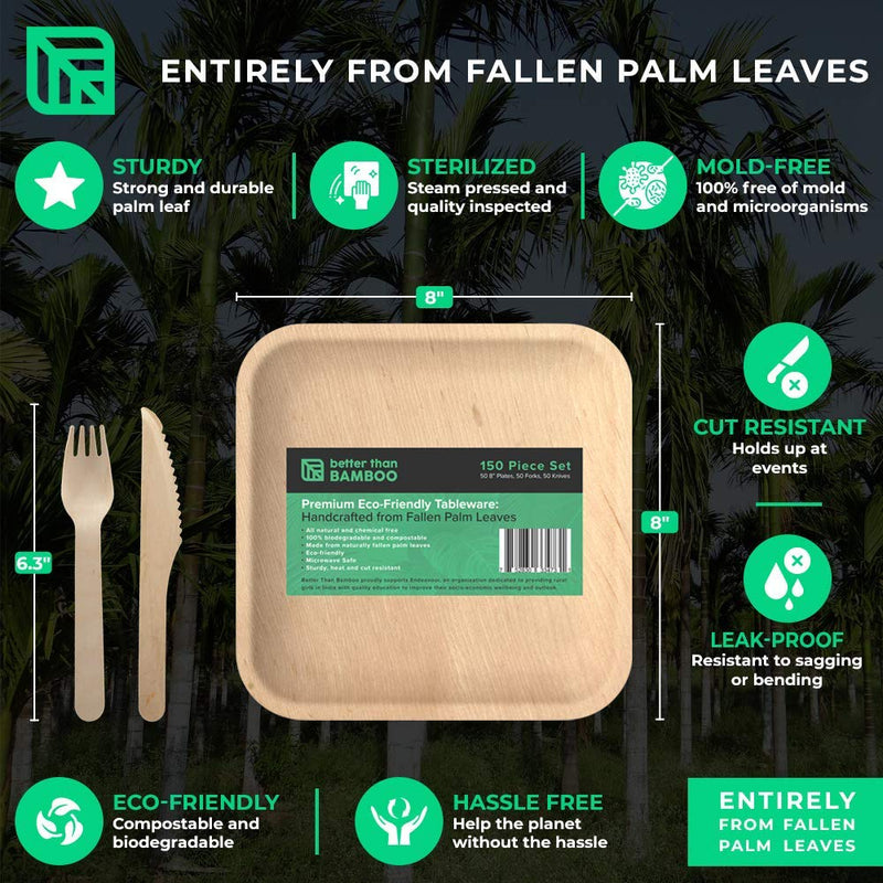 [Australia - AusPower] - 50 8" Disposable Square Palm Leaf Plates + 100 Cutlery (50 Forks, 50 Knives) - Better Than Bamboo or Wood Plates. Heavy Duty, 100% Compostable & Biodegradable Eco Friendly Party Plates (8 inch) 8 inch 