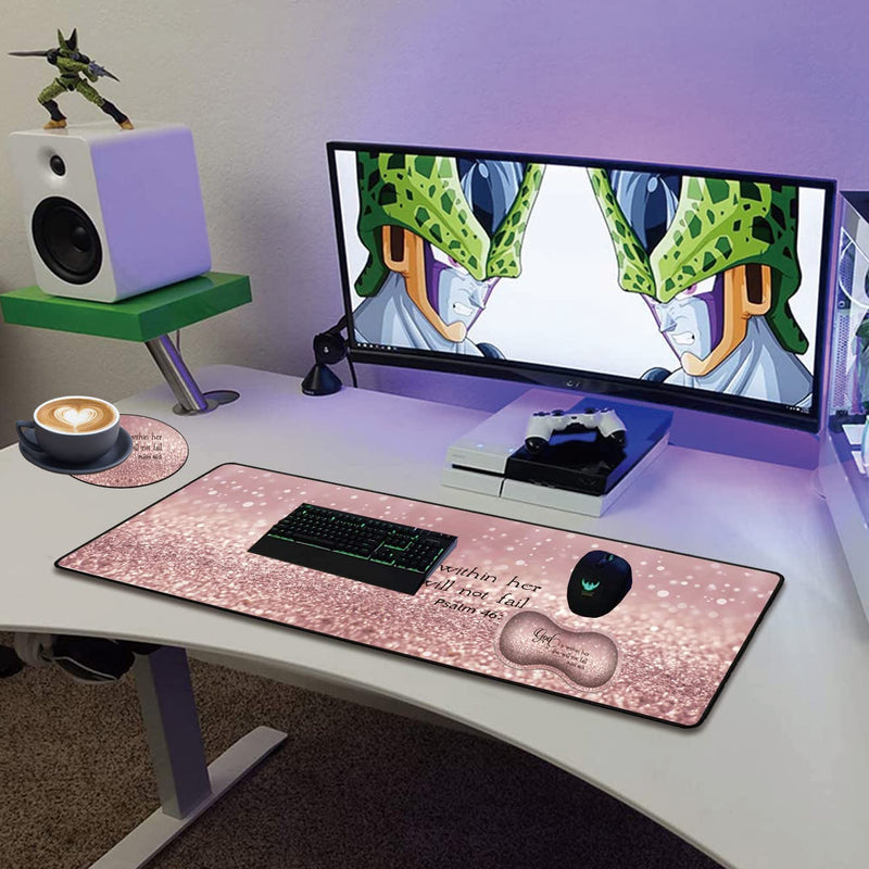 [Australia - AusPower] - XMTMR-Glass Extended Gaming Mouse Pad with Seam, Long XL Desktop Keyboard Pad, Suitable for Work/Game/Office/Home, Butterfly Wrist Rest Pad and Coaster, Pink Glitter Quotes Psalm 46:5 Xg-g4-bc 001 