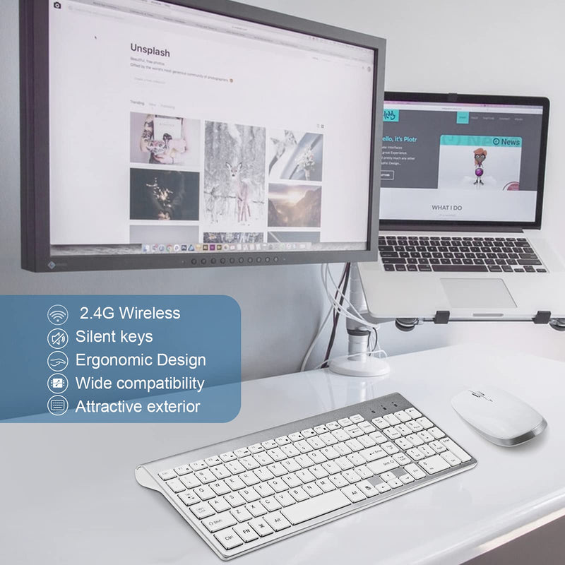 [Australia - AusPower] - Wireless Keyboard and Mouse - FENIFOX USB Slim 2.4G Wireless Keyboard Mouse Combo Full-Size Ergonomic Compact with Number Pad for Laptop PC Computer Windows mac- Silver White 