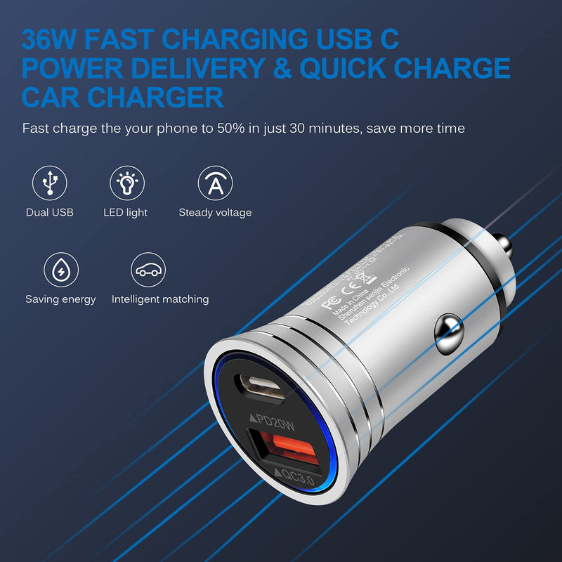 [Australia - AusPower] - USB C Car Charger, Fast Car Charger Adapter for iPhone 13/13 Pro Max/13 Mini/12 11 Pro Max/SE,38W PD+QC Dual Port Type C Cigarette Lighter Car Plug for Samsung S22 S21 S20 A12,Pixel 6 Pro 5 4a 4 3a 3 Silver 
