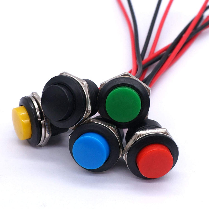[Australia - AusPower] - weideer 5pcs 16mm Momentary Push Button Switch SPST AC250V/3A AC125V/6A ON Off 2 Pin Mini Self-Reset Round Plastic Switch(5 Colors) with Pre-soldered Wires R13-507-5-X Multicolored 
