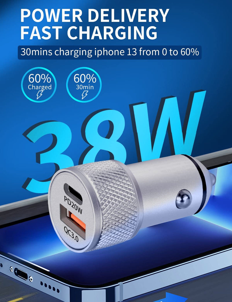 [Australia - AusPower] - [2Pack] Cynemo Fast Car Charger for iPhone 13 12 11, 38W Dual Port 20W USB C Car Charger Adapter Power Delivery Metal Mini Cigarette Lighter PD QC3.0 Quick Charger for iPhone Samsung Galaxy Devices 