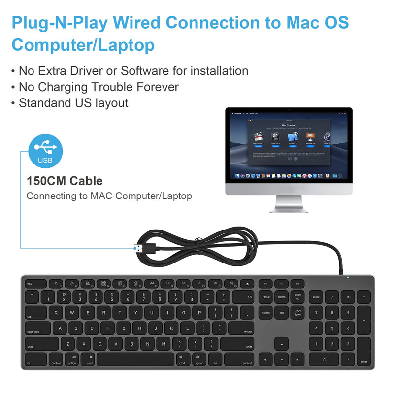 [Australia - AusPower] - Wired Keyboard for Apple Mac OS Computer/Laptop, Aluminum Alloy Housing,150CM Cable Connection, Plug-N-Play USB Keyboard with Numeric Keypad Available to iMac/Mac Mini or MacBook Pro/Air-Black 