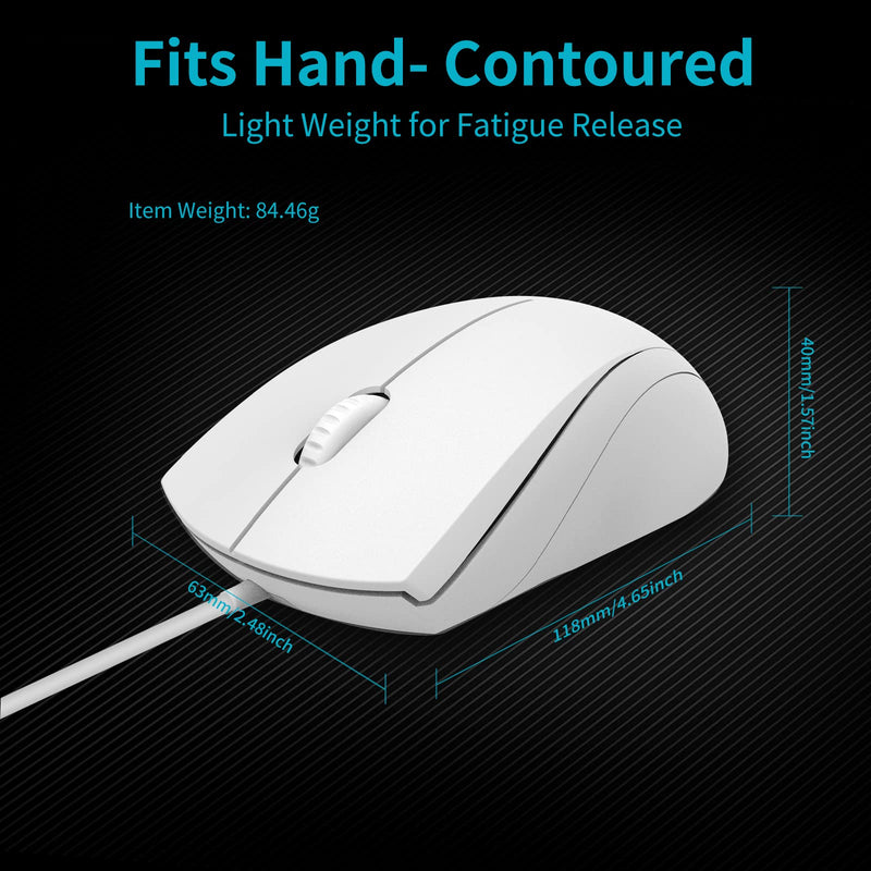 [Australia - AusPower] - Rapoo N1600 3-Button Quiet Wired Mouse, 1000DPI Optical Mouse, Quiet Button, Ergonomic Shape, for Desktop Computers Laptops, Matte White 