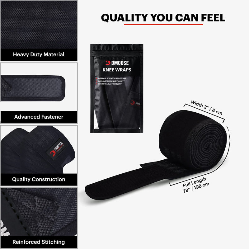 [Australia - AusPower] - DMoose Knee Wraps for Weightlifting - 78" Length Heavy Duty Knee Straps Pair - Avoid Knee Injury - Provides Joint Stability I Cross Training & WODs I Compression & Elastic Support Black / Stripes (Pair) 