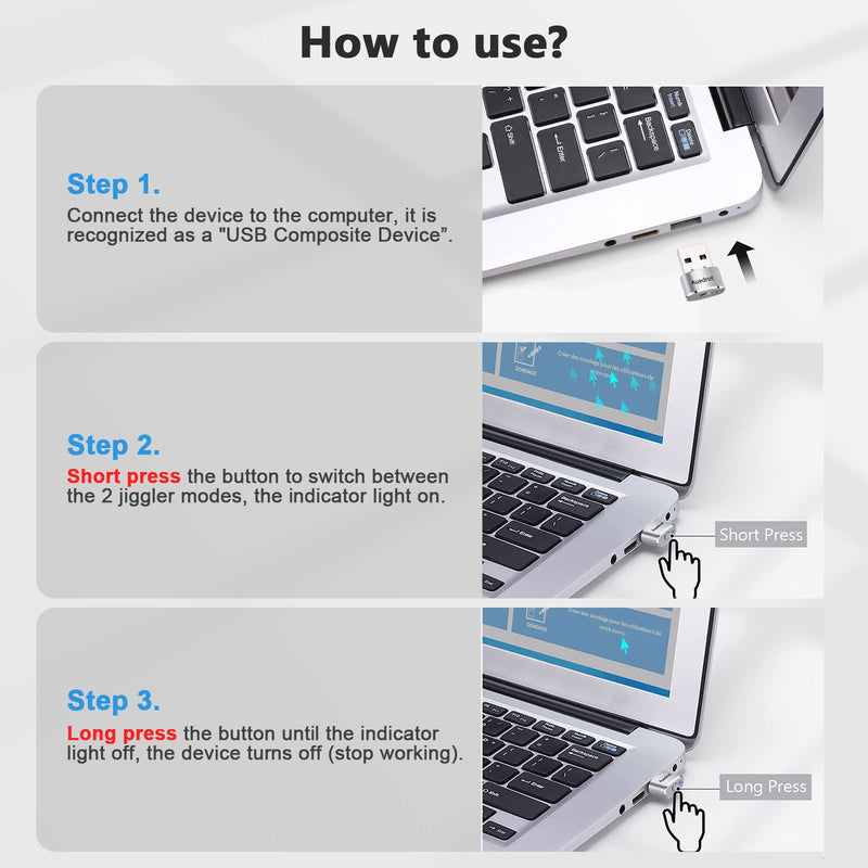 [Australia - AusPower] - Mouse Jiggler Undetectable Metal USB Mouse Mover with Switch Button, Automatic Mini Mouse Shaker with 2 Jiggle Modes, Driver-Free, Plug-and-Play Keep Computer/Laptop Awake, with Type-C Adapter, Silver 