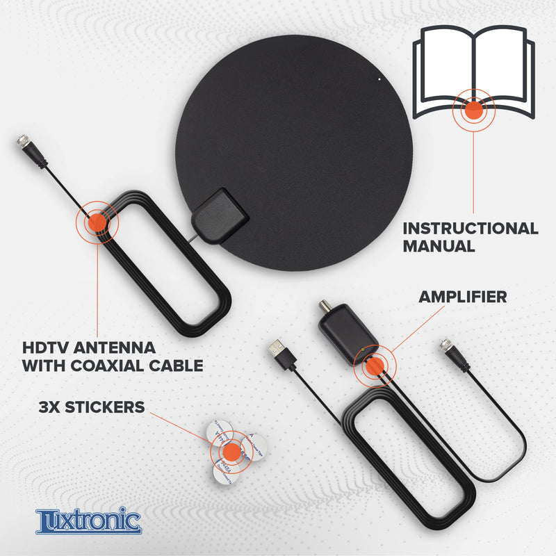 [Australia - AusPower] - Luxtronic Amplified HD TV Antenna - Round Digital HD Antenna for TV Indoor - with USB Amplifier Signal Booster, Coaxial Cable - Supports 4K 1080p and All TV's 