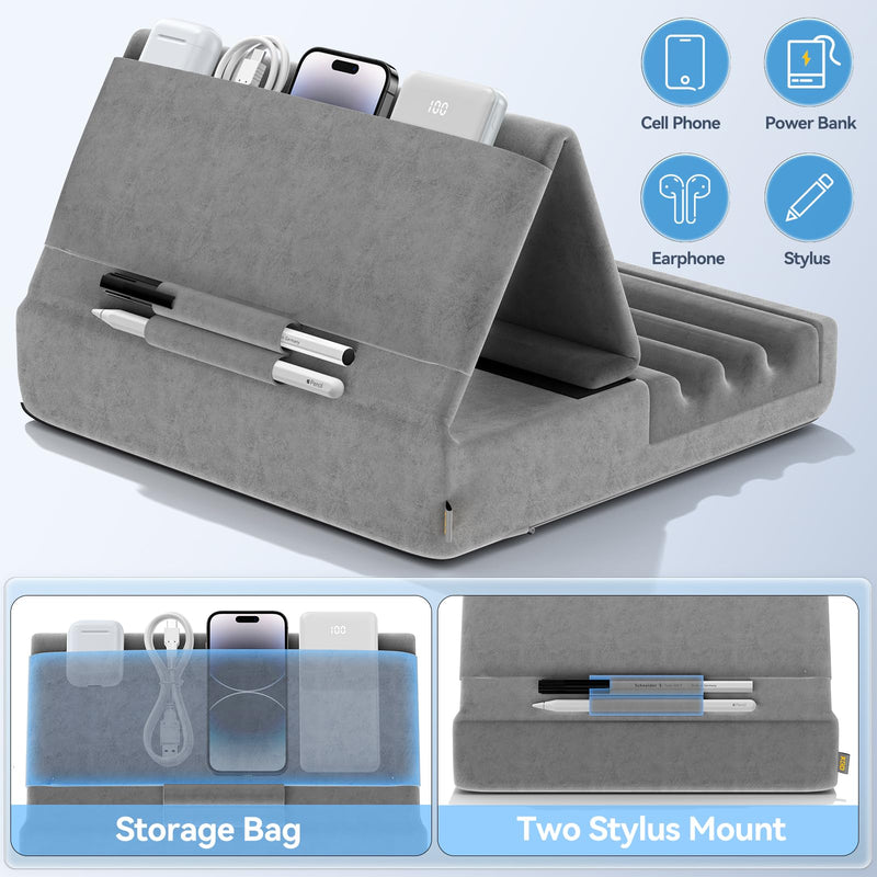 [Australia - AusPower] - KDD Tablet Pillow Holder, Foldable iPad Stand for Lap, Bed and Desk -Tablet Soft Pad Dock with Pocket & Stylus Mount Compatible with iPad Pro 12.9, 10.5, 9.7 Air Mini 6 5 4 3, Kindle, E-Reader, Gray 