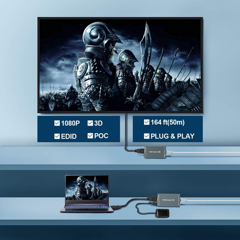 [Australia - AusPower] - HDMI Extender, Up to 164 ft/50m, Over Cat5e/Cat6/Cat7 Ethernet Cables, 1080P@60Hz Ultra HD Uncompressed Transmit 