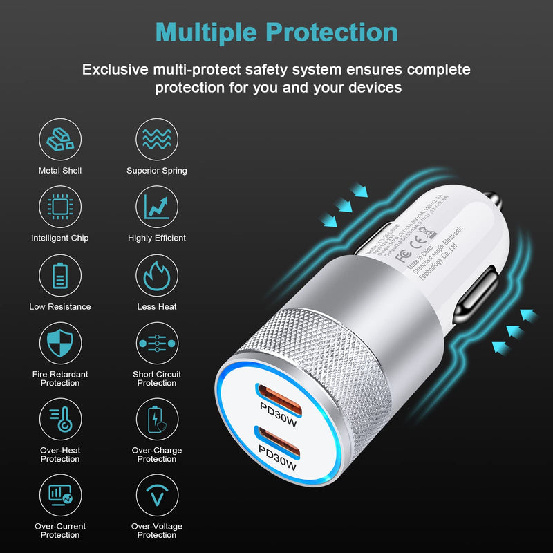 [Australia - AusPower] - USB C Car Charger, 60W Type C Car Charger Cigarette Lighter Adapter for Moto G Stylus/G Pure/G Power 2022/G Play/E/E20/One 5G Ace/G200/G100/G60S/G30/G10/G Fast/G 5G Plus/G9/G8/G7 Silver-60W 
