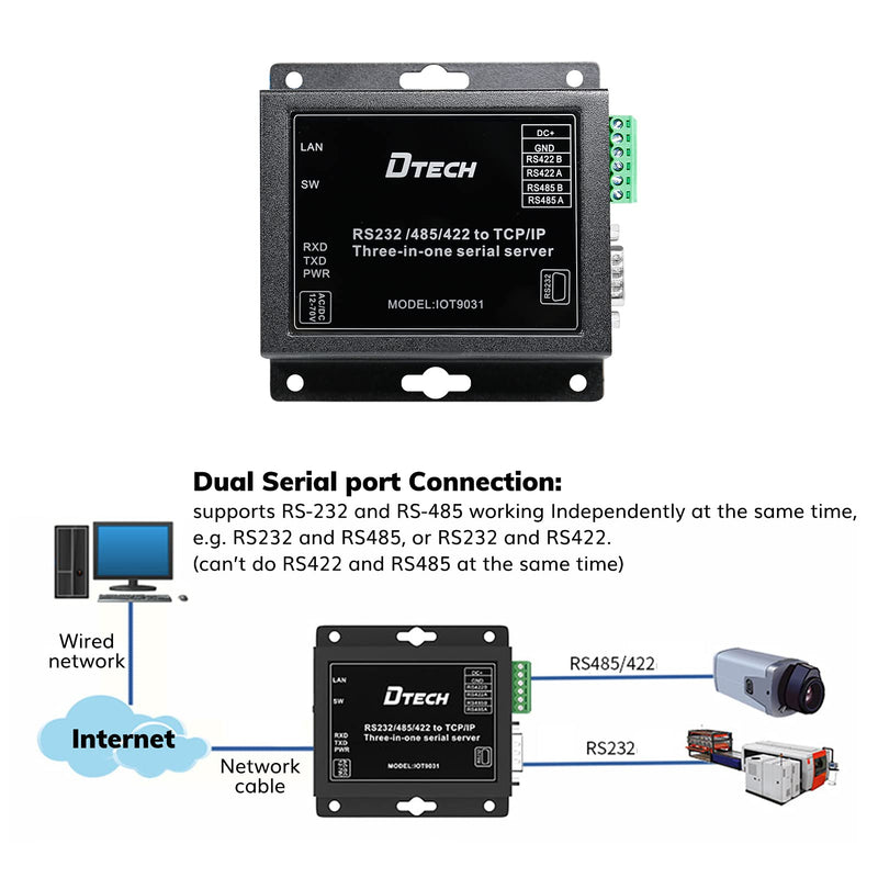 [Australia - AusPower] - DTECH Serial to Ethernet Converter Adapter RS232 RS422 RS485 to TCP IP Device Server Supports DHCP DNS Modbus RTU/TCP 10/100M Power Over Ethernet POE 