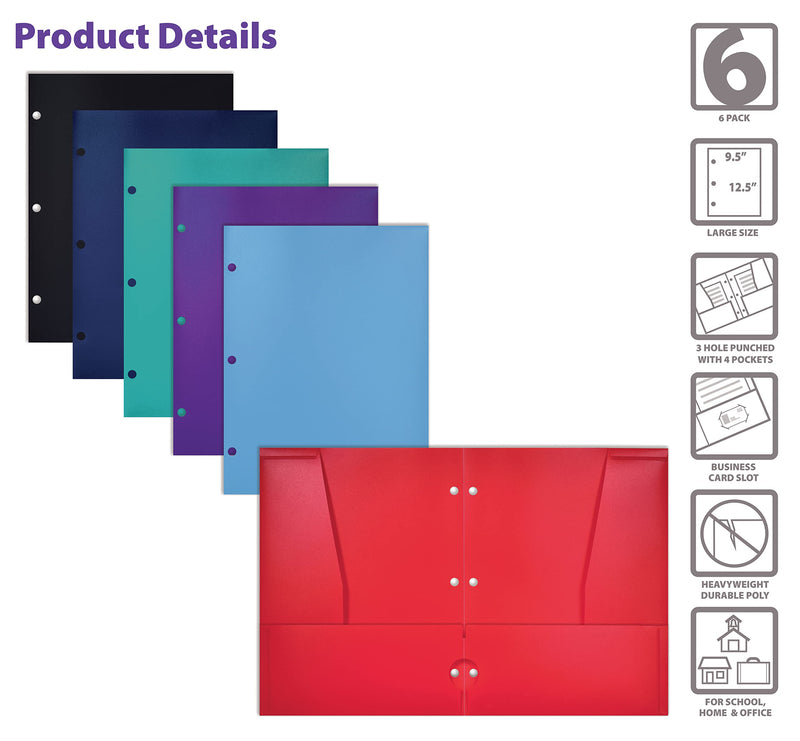 [Australia - AusPower] - 4 Pocket Plastic Folders (6 Pack), 3 Hole Punch, Extra Sturdy Plastic Folders, Assorted Primary Colors, Letter Size, with Business Card Slot, by Better Office Products 