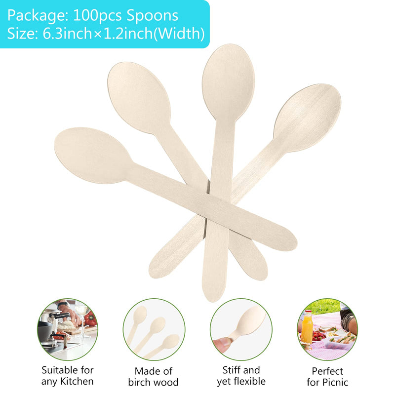 [Australia - AusPower] - Goodsun Disposable Wooden Spoons 100 PCS Smooth and Round Surface Earth Friendly Cutlery, 6.3 Inches Length, Natural Wooden Spoon 