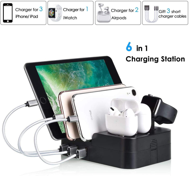 [Australia - AusPower] - USB Charging Station Multiple Devices 6 Port 30W Fast Multi USB Charger Station Dock HUB Desktop Wall Charge Stand Organizer for iPad iPhone Airpods iwatch Kindle Tablet Smart Cell Phones Black 