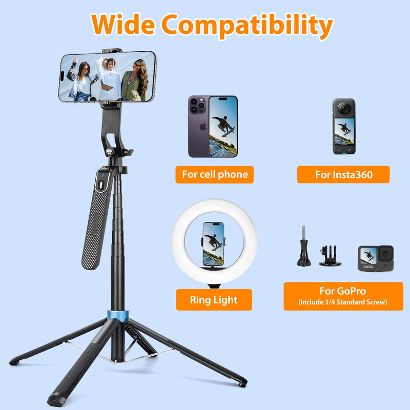[Australia - AusPower] - Eocean 71" Tall Selfie Stick Tripod Quadripod with Remote & Video Balance Handle, Aluminum Alloy Extendable Cell Phone Tripod Stand, Travel Tripod Phone Holder Compatible with iPhone/Android/GoPro 