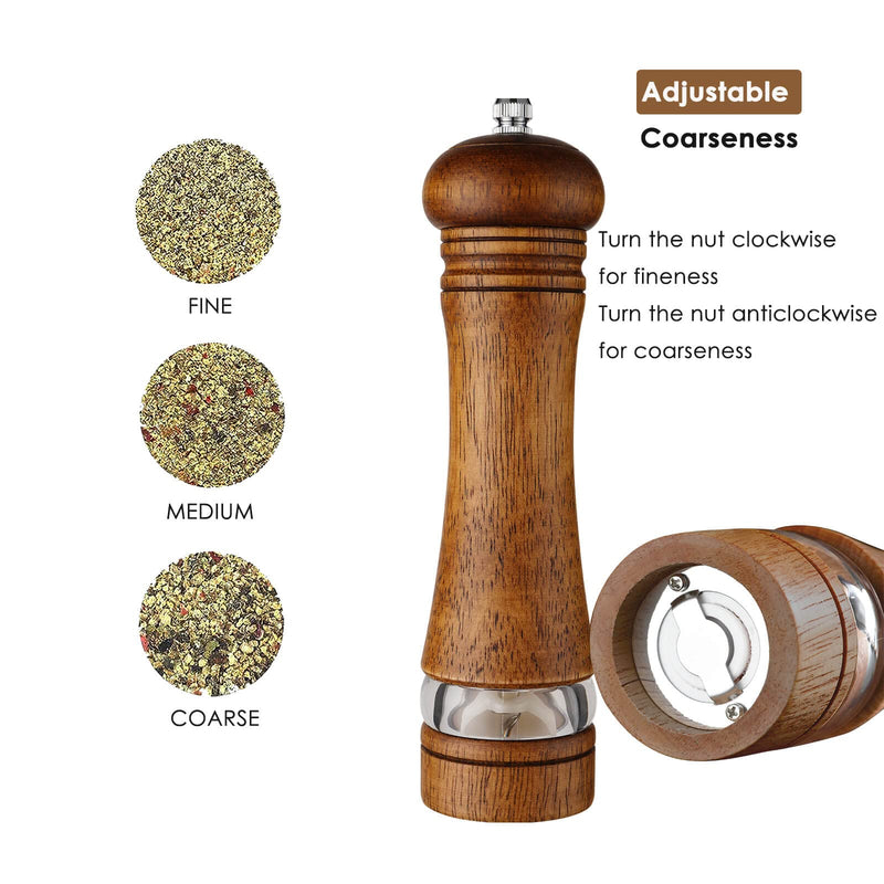 [Australia - AusPower] - 2-Piece Salt and Pepper Grinder Set, 8 Inch Wooden Salt and Pepper Mills with Adjustable Coarseness, Refillable Manual Pepper Mill Grinder for Home Cooks (Brown) 