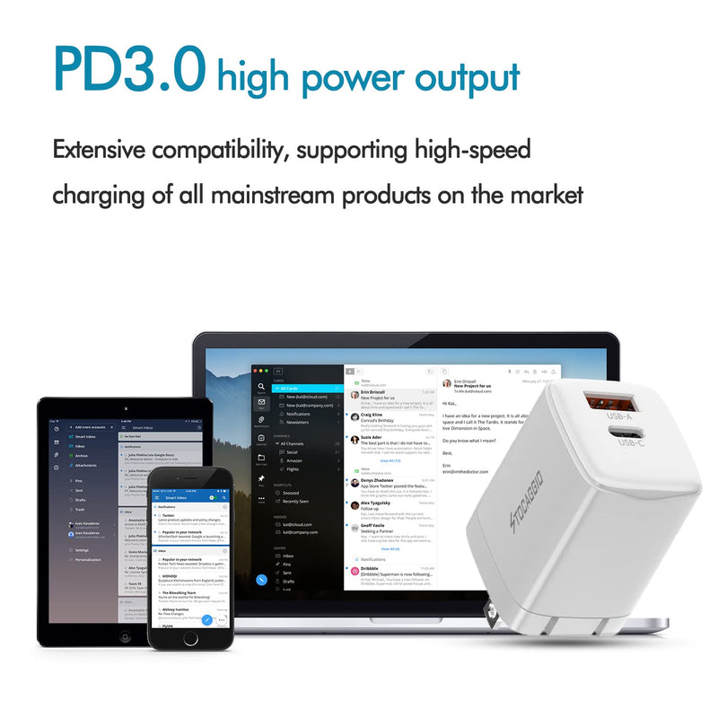 [Australia - AusPower] - USB C Fast Charger 20w PD3.0, 18W QC 3.0 Dual Ports Wall Charger Travel Adapter with Foldable Plug for iPhone13/12/Mini/Pro/ProMax/11ProMax/XS/XR/X/8Plus/8/Galaxy/Pixel/AirPods(White) 