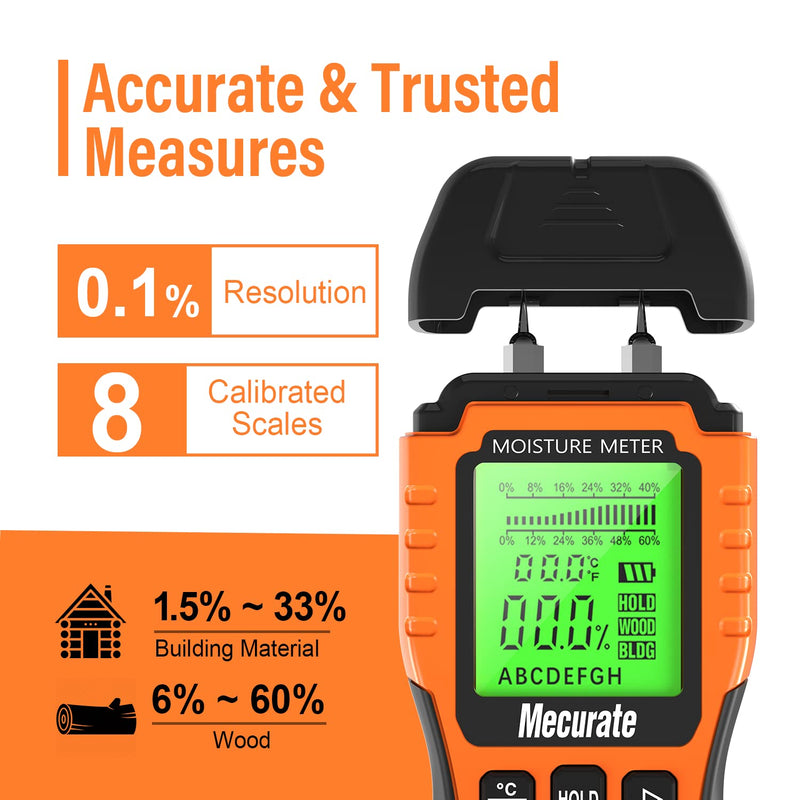[Australia - AusPower] - Mecurate Wood Moisture Meter, Pin-Type Wood Humidity Detector with 9 Modes, Digital Water Leak Tester with Backlit LCD Display Audible Alert for Wood Wall Dampness Inspection (1st generation) 1st generation 