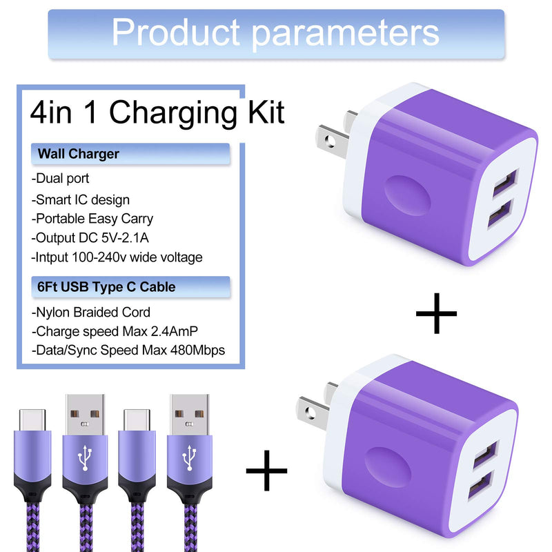 [Australia - AusPower] - USB C Wall Charger Fast for Samsung Galaxy S22 S21+ S21 FE/Plus/Ultra S20 FE/Ultra 5G S20+ Note 22/21/20 Ultra/20/10 S10e A52 A72 A51 A71 A11 A01 A20,2.1A Dual Charging Block Cube 6ft USB Type C Cable EB O(purple2) 