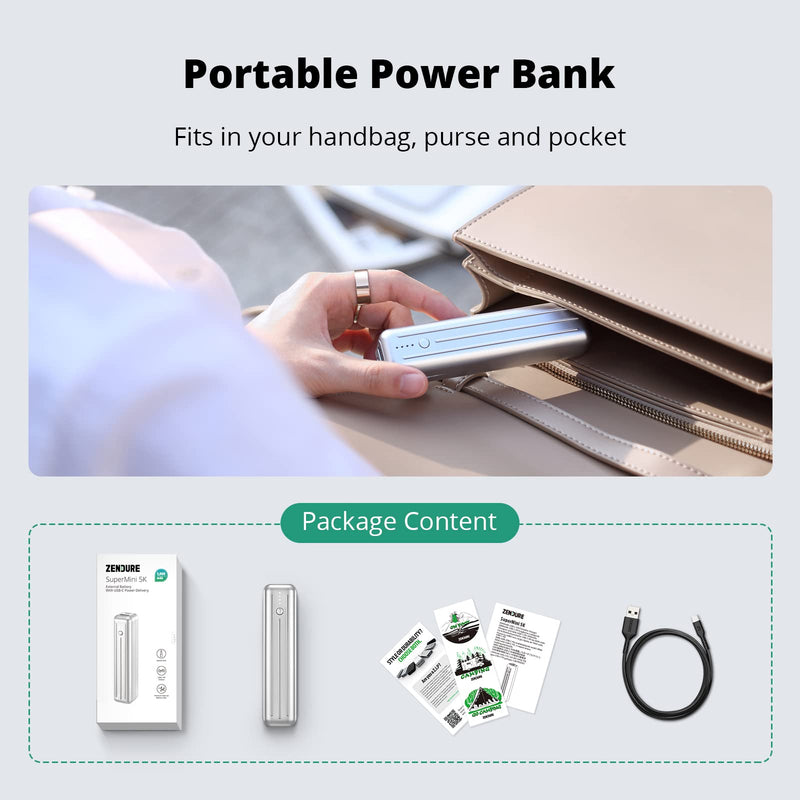 [Australia - AusPower] - Zendure Power Bank 5000Mah Portable Charger 20W PD Quick Charge 2 Device Simultaneously Ultra Compact External Battery Pack for iPhone Tablets Game Consoles Readers & More Silver-5K Mini 