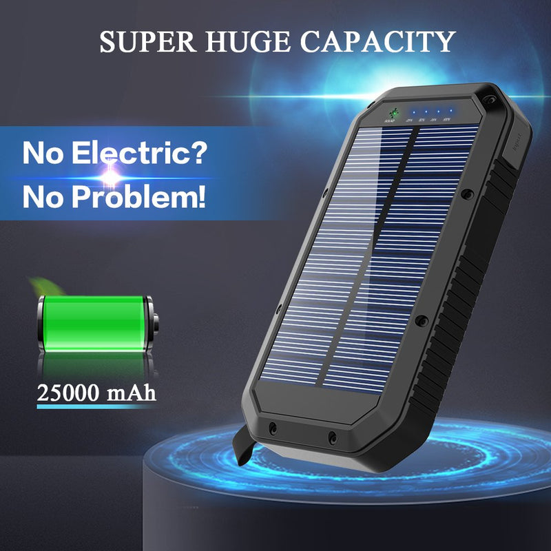 [Australia - AusPower] - Solar Charger Power Bank, 36 LEDs Portable Emergency Charger with 3 Outputs and 1.5W Solar Panel, 25000mAh External Battery Pack Waterproof for Camping Accessories Compatible with Smartphones, Tablets 