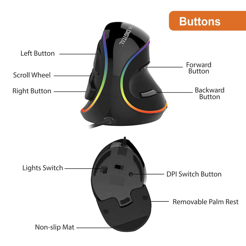 [Australia - AusPower] - J-Tech Digital Ergonomic Mouse Wired - RGB Vertical Gaming Mouse with 5 Adjustable DPI Settings up to 4000 DPI, Computer Mouse for Carpal Tunnel, Removable Palm Rest and Thumb Buttons [V628R] 