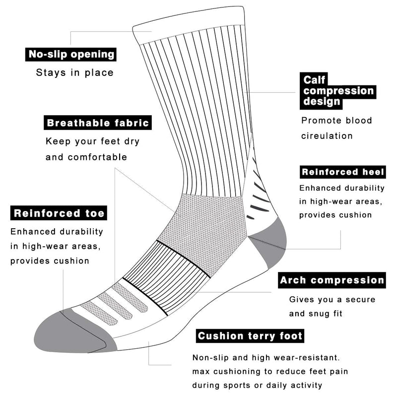 [Australia - AusPower] - COOVAN Men's 6P-Pack Premium Athletic Crew Socks Men Thick Cushion Casual Work Sock With Moisture Wicking White 6 One Size 