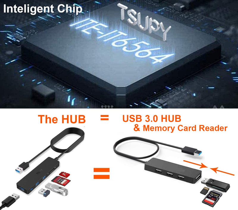 [Australia - AusPower] - TSUPY USB 3.0 Hub Multi USB Data HUB with 4ft/48inch Extended Cable,SD/TF Card Reader & 3 USB 3.0 Ports Compatible for PC, Laptops, Surface Pro, MacBook, Mac Mini, iMac Pro 